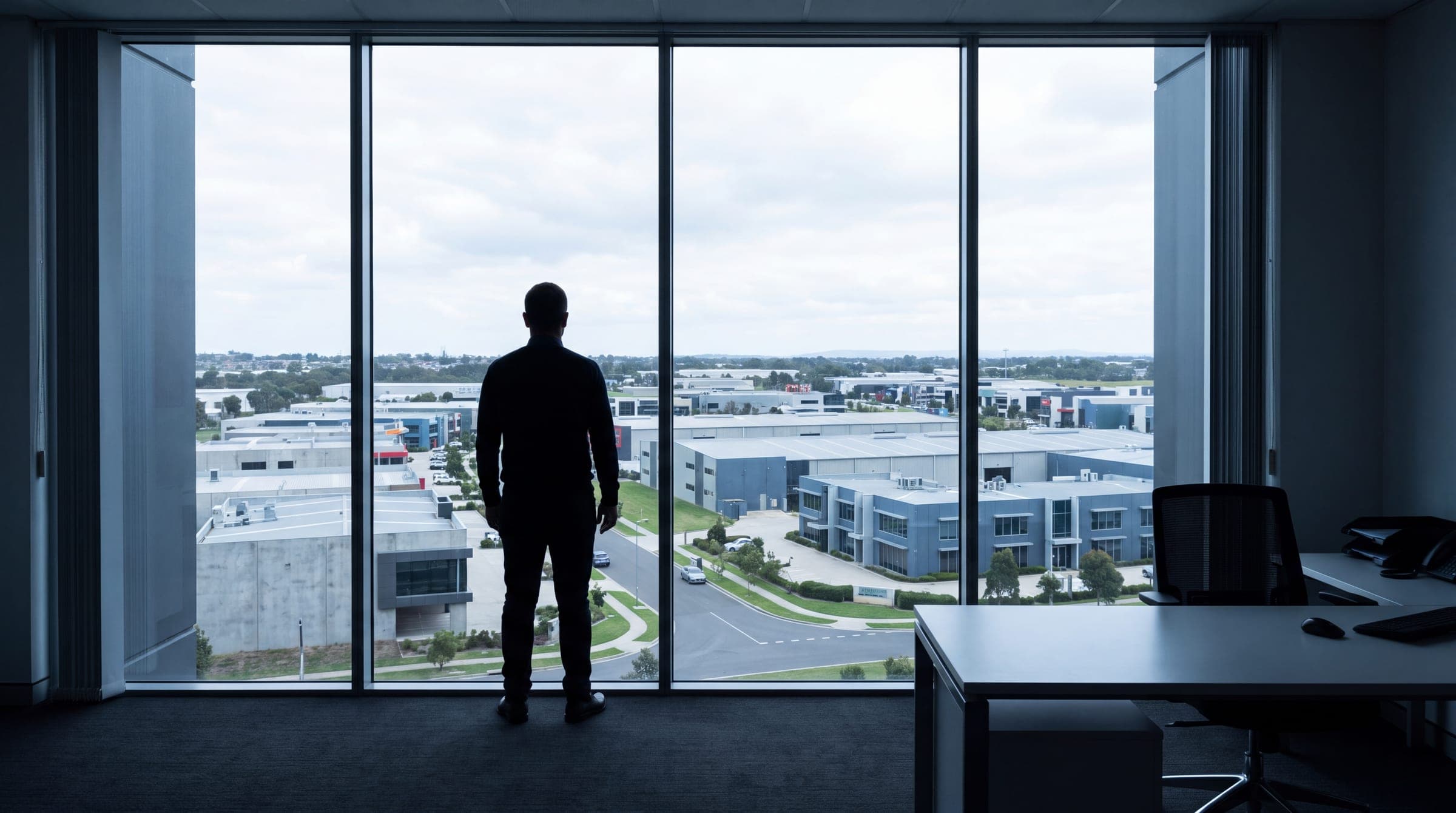 Blick aus einem Bürofenster über ein Gewerbegebiet